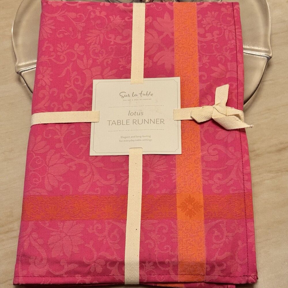NEW Sur La Table Lotus Table Runner Pink & Orange 72” x 18.5” 100% Cotton